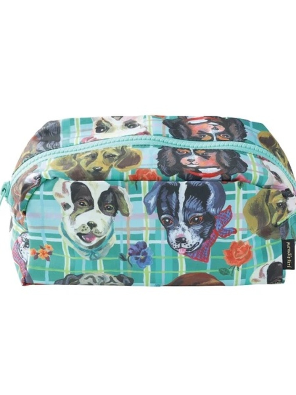 Nathalie Lete Toiletry Travel zip up bag. Plaid w/ Dog Heads! Authentic Original